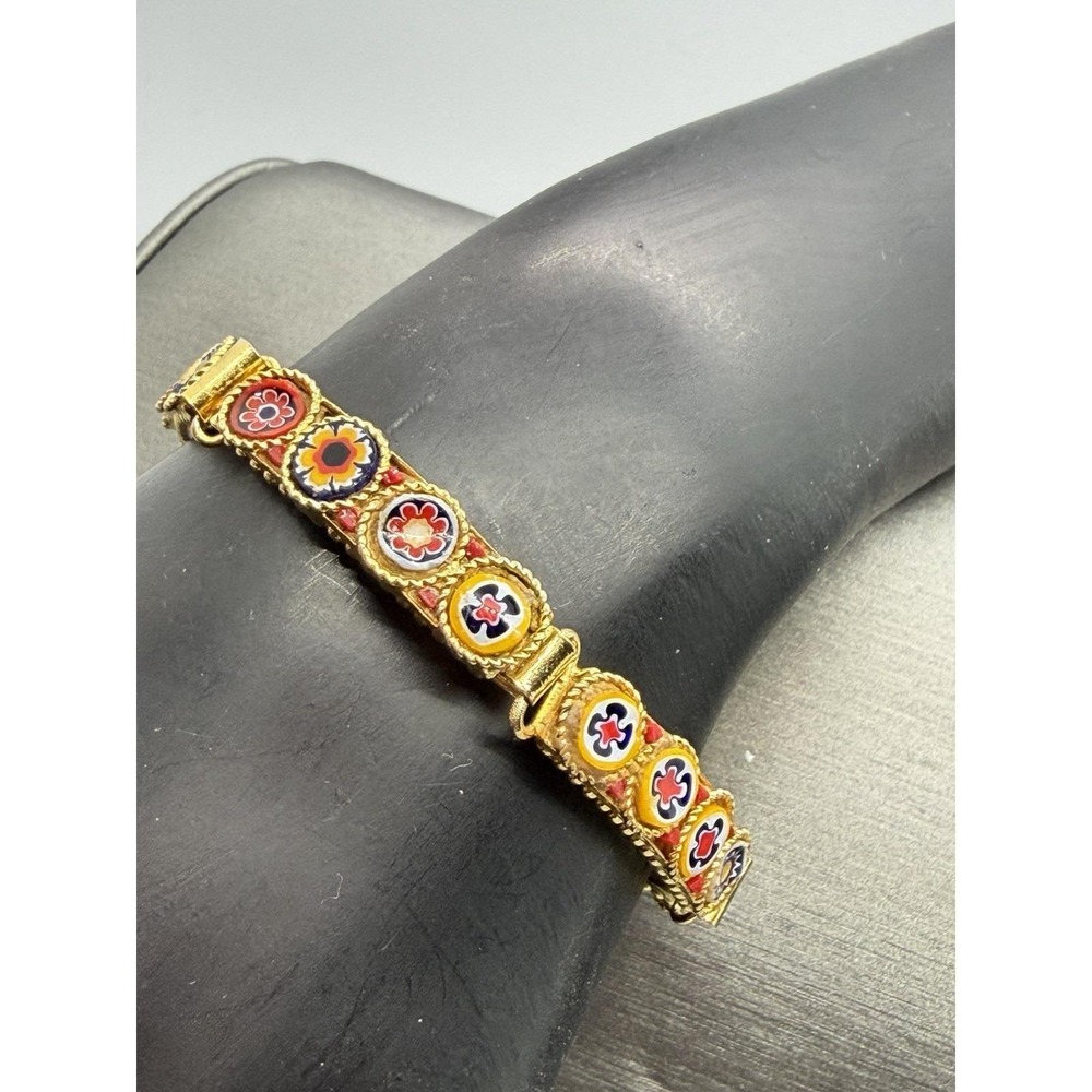 Vintage Micro Mosaic Millefiori Panel Gold Tone Bracelet Multi Color Sz 6 - Picture 5 of 13